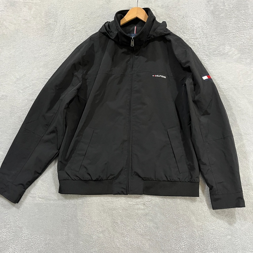 Tommy Hilfiger Jacket Mens 2XL Black Hooded Zip Up Coat Logo Lining Casual‎